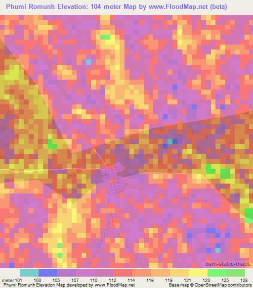 Phumi Romunh,Cambodia Elevation Map