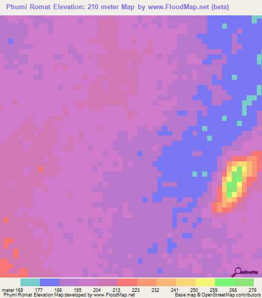 Phumi Romat,Cambodia Elevation Map