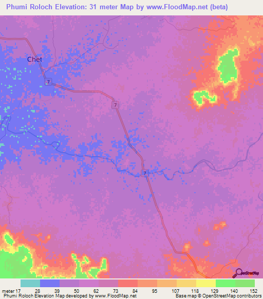 Phumi Roloch,Cambodia Elevation Map