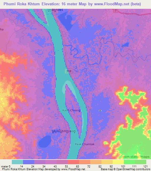 Phumi Roka Khtum,Cambodia Elevation Map