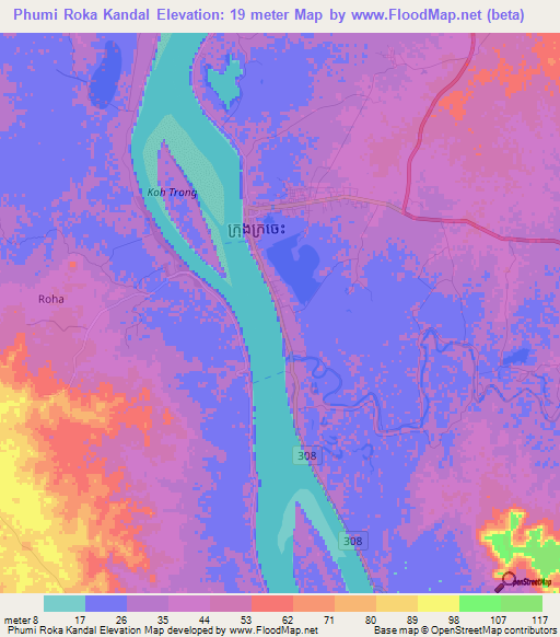 Phumi Roka Kandal,Cambodia Elevation Map