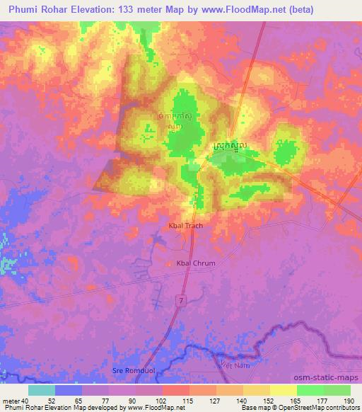 Phumi Rohar,Cambodia Elevation Map