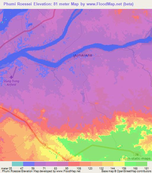 Phumi Roessei,Cambodia Elevation Map