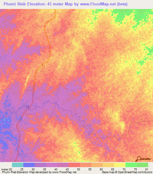 Phumi Rieb,Cambodia Elevation Map