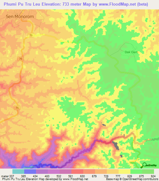 Phumi Pu Tru Leu,Cambodia Elevation Map