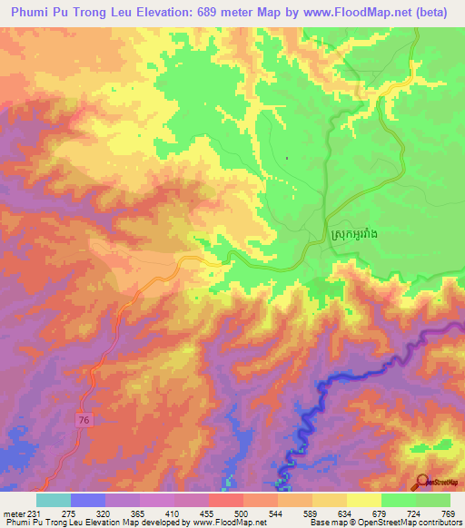 Phumi Pu Trong Leu,Cambodia Elevation Map