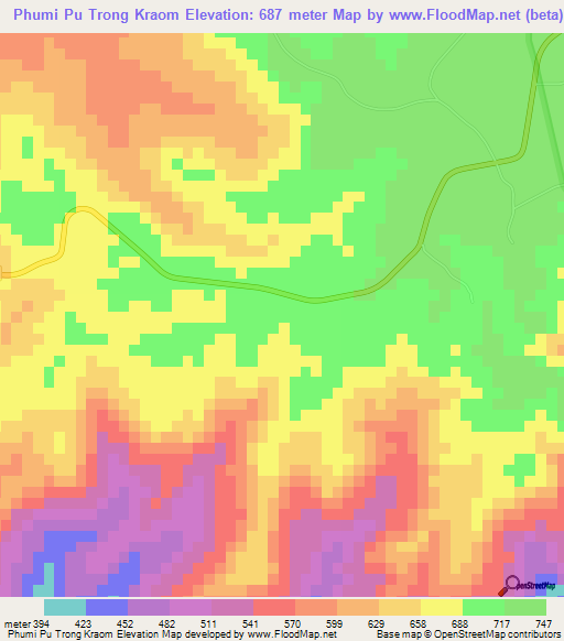 Phumi Pu Trong Kraom,Cambodia Elevation Map