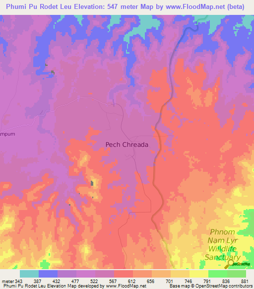 Phumi Pu Rodet Leu,Cambodia Elevation Map