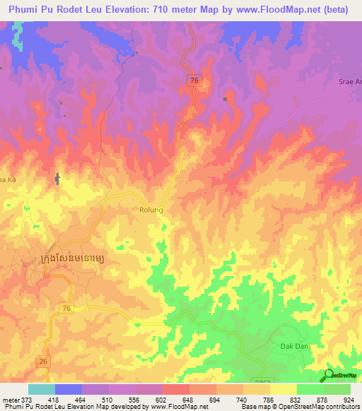 Phumi Pu Rodet Leu,Cambodia Elevation Map