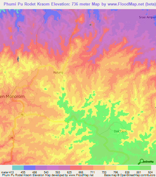 Phumi Pu Rodet Kraom,Cambodia Elevation Map
