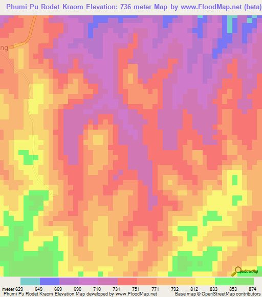Phumi Pu Rodet Kraom,Cambodia Elevation Map