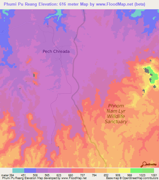 Phumi Pu Reang,Cambodia Elevation Map