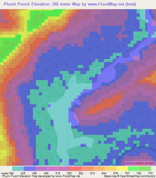 Phumi Puoch,Cambodia Elevation Map