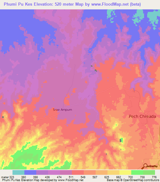 Phumi Pu Kes,Cambodia Elevation Map