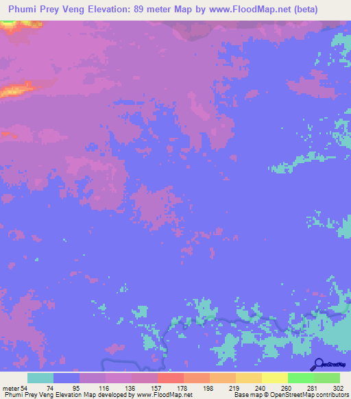 Phumi Prey Veng,Cambodia Elevation Map