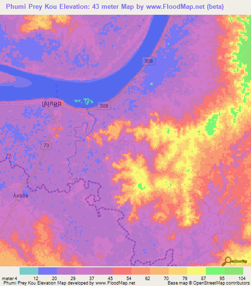 Phumi Prey Kou,Cambodia Elevation Map