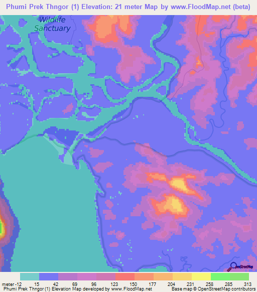 Phumi Prek Thngor (1),Cambodia Elevation Map