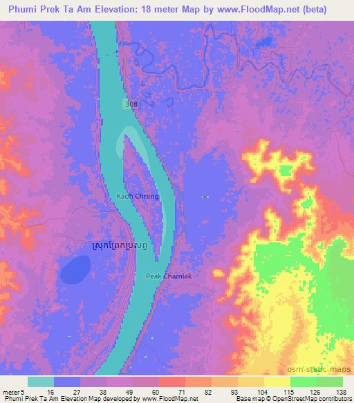 Phumi Prek Ta Am,Cambodia Elevation Map