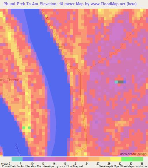 Phumi Prek Ta Am,Cambodia Elevation Map