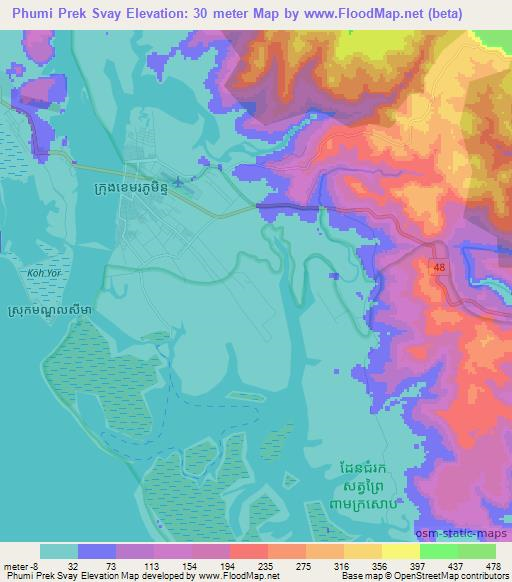 Phumi Prek Svay,Cambodia Elevation Map
