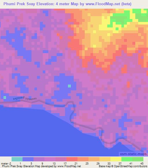 Phumi Prek Svay,Cambodia Elevation Map