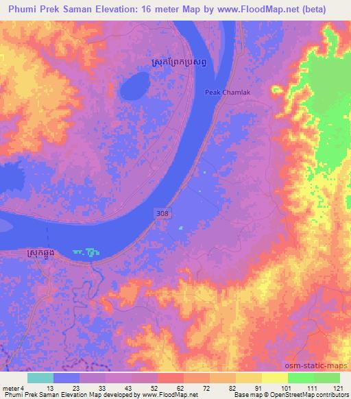 Phumi Prek Saman,Cambodia Elevation Map