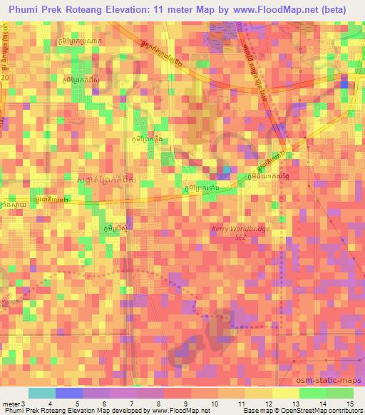 Phumi Prek Roteang,Cambodia Elevation Map