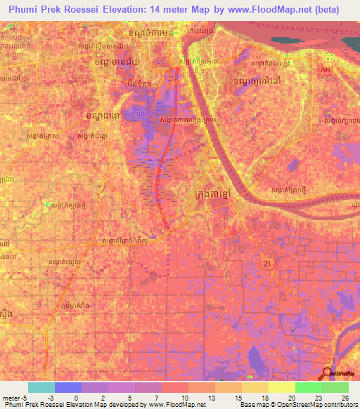 Phumi Prek Roessei,Cambodia Elevation Map