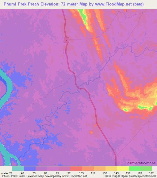 Phumi Prek Preah,Cambodia Elevation Map