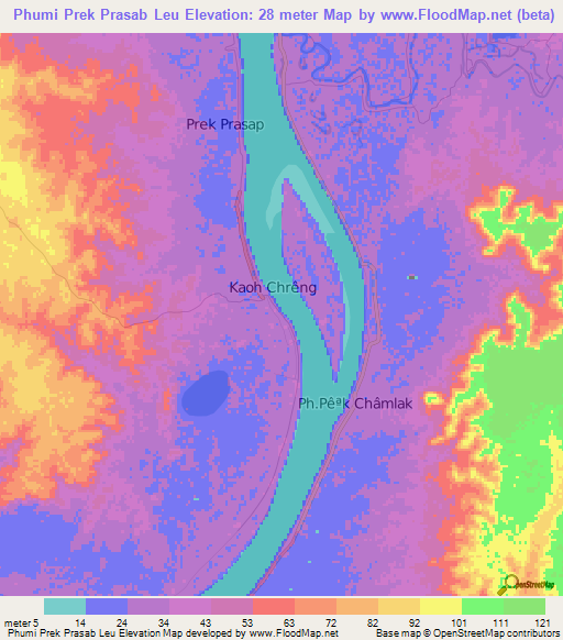 Phumi Prek Prasab Leu,Cambodia Elevation Map