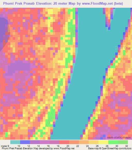 Phumi Prek Prasab,Cambodia Elevation Map