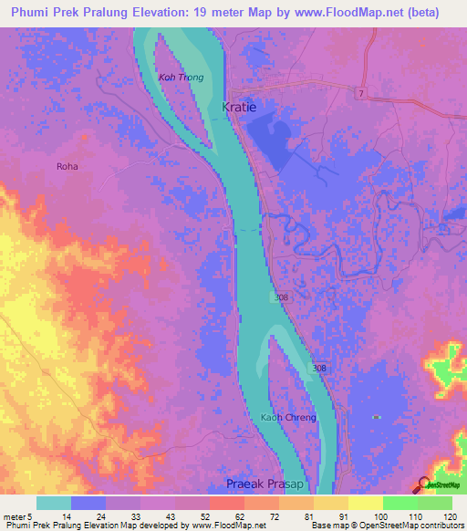 Phumi Prek Pralung,Cambodia Elevation Map