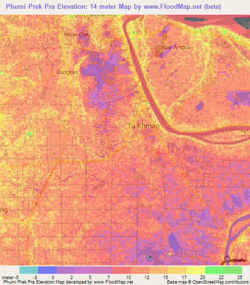 Phumi Prek Pra,Cambodia Elevation Map
