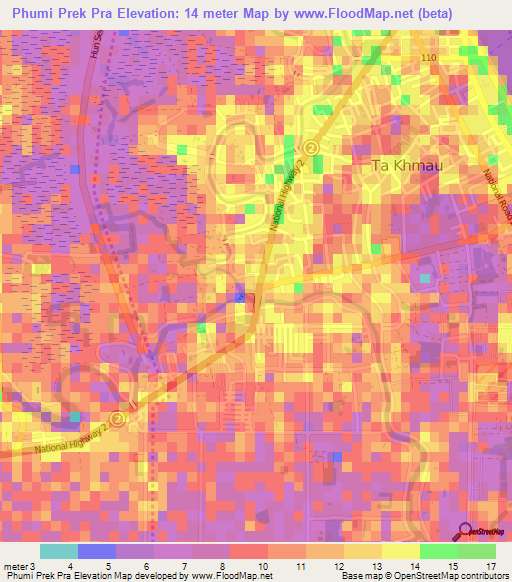 Phumi Prek Pra,Cambodia Elevation Map
