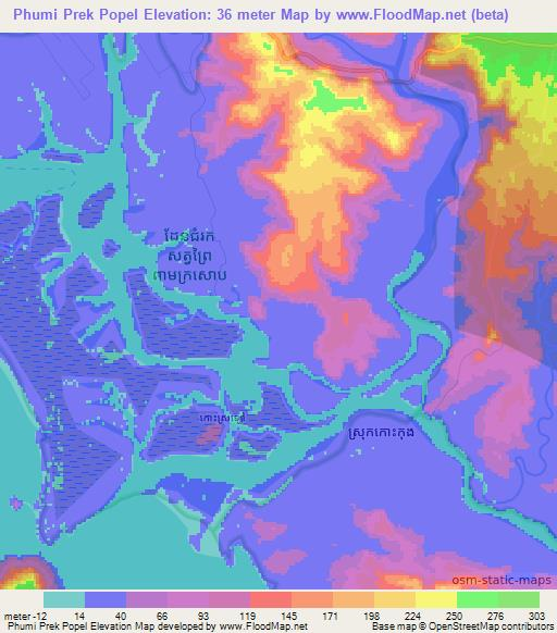 Phumi Prek Popel,Cambodia Elevation Map