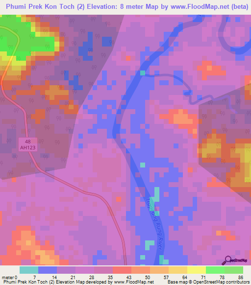 Phumi Prek Kon Toch (2),Cambodia Elevation Map
