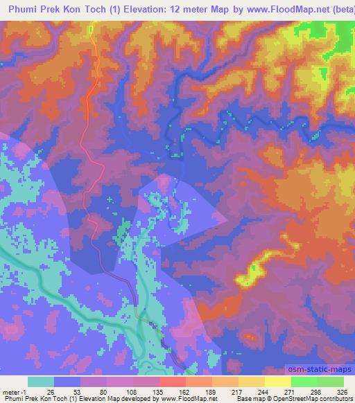 Phumi Prek Kon Toch (1),Cambodia Elevation Map