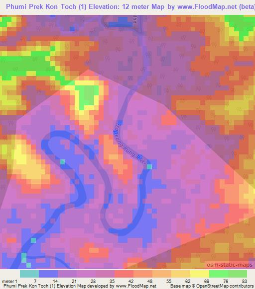 Phumi Prek Kon Toch (1),Cambodia Elevation Map