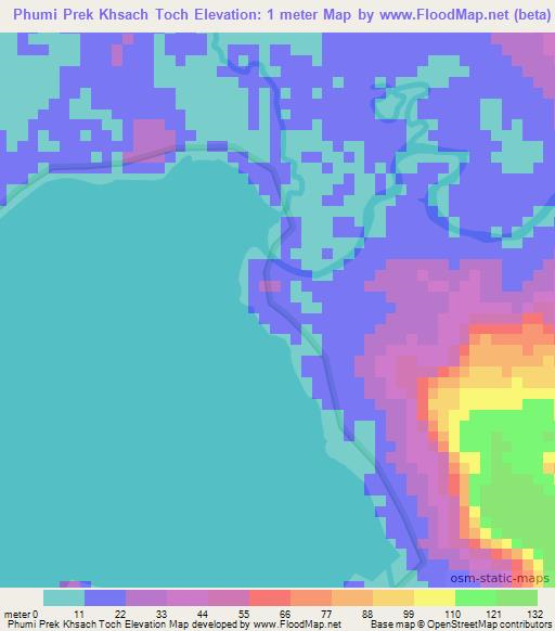Phumi Prek Khsach Toch,Cambodia Elevation Map