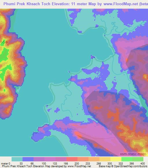 Phumi Prek Khsach Toch,Cambodia Elevation Map