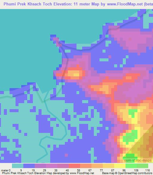 Phumi Prek Khsach Toch,Cambodia Elevation Map