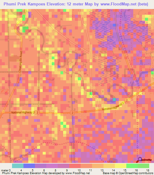 Phumi Prek Kampoes,Cambodia Elevation Map