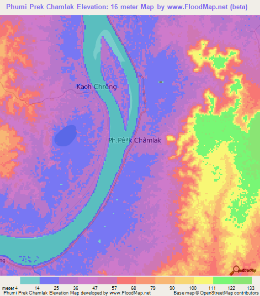Phumi Prek Chamlak,Cambodia Elevation Map