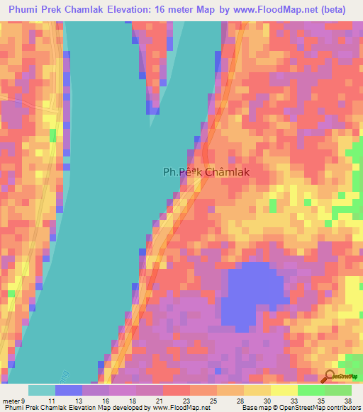 Phumi Prek Chamlak,Cambodia Elevation Map