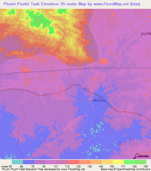 Phumi Pouthi Teab,Cambodia Elevation Map