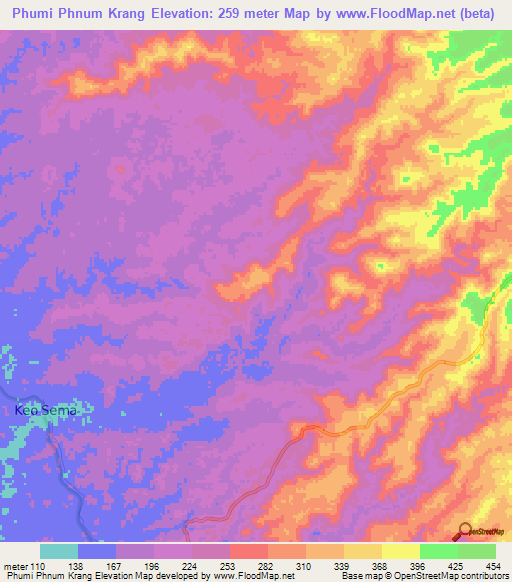 Phumi Phnum Krang,Cambodia Elevation Map