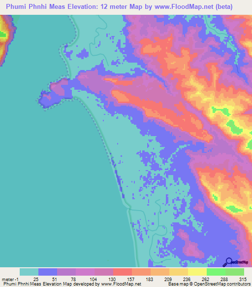 Phumi Phnhi Meas,Cambodia Elevation Map
