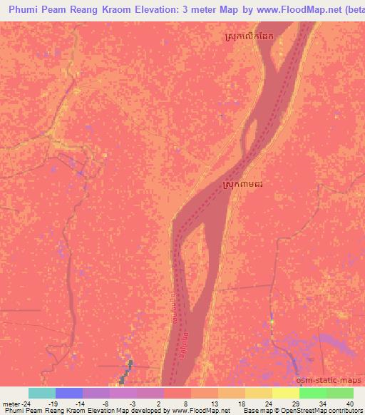 Phumi Peam Reang Kraom,Cambodia Elevation Map