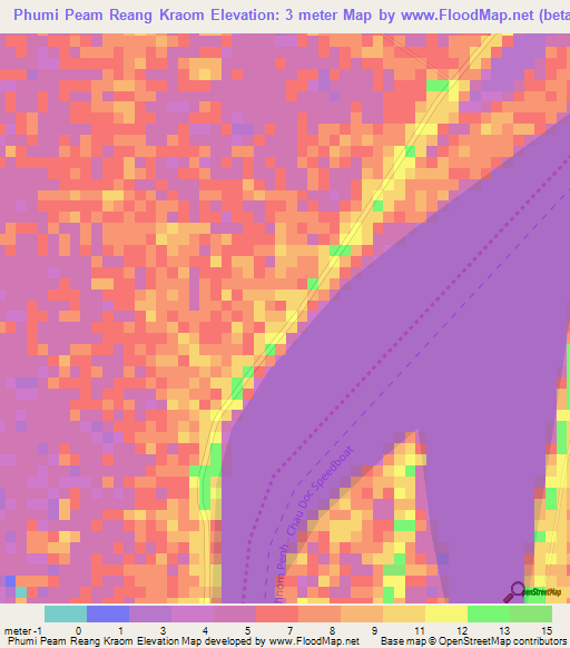 Phumi Peam Reang Kraom,Cambodia Elevation Map