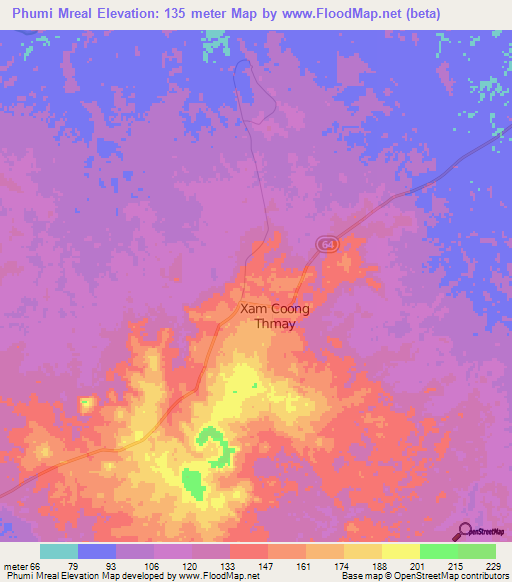 Phumi Mreal,Cambodia Elevation Map